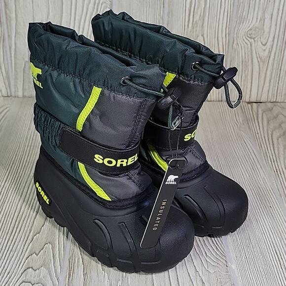 Sorel Flurry Winter Snow Boots Green Black Waterproof Kids Toddler Size 9 NIB - Picture 10 of 14